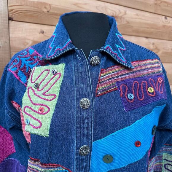 Legacy Denim Patchwork Embroidered Jacket Boho Festival Artsy Small - Picture 4 of 16